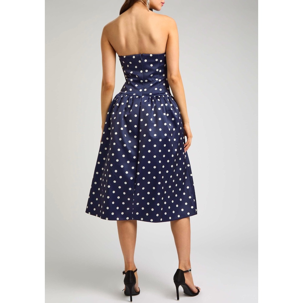 B67 Self Portrait Polka Dot Midi Dress 8 Strapless Satin Navy White Cocktail - Picture 2 of 13